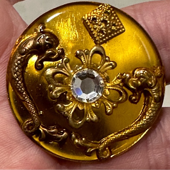 Vintage Patti Horn Gold Tone Round Clip On Earrings Signed Center Rhinestone - Picture 7 of 11